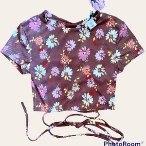 NEW Sincerely Jules tie front cropped floral brown top Small / S womans NWT